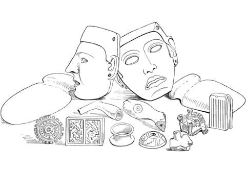 Aztec Masks, Hatchets, Pipes, Stamps, Ring And Distaff Coloring Page